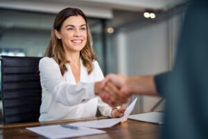 A woman making a deal for a merchant cash advance.