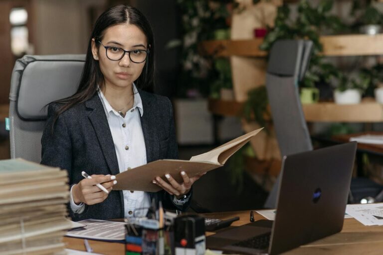 A woman working as a virtual bookkeeper.