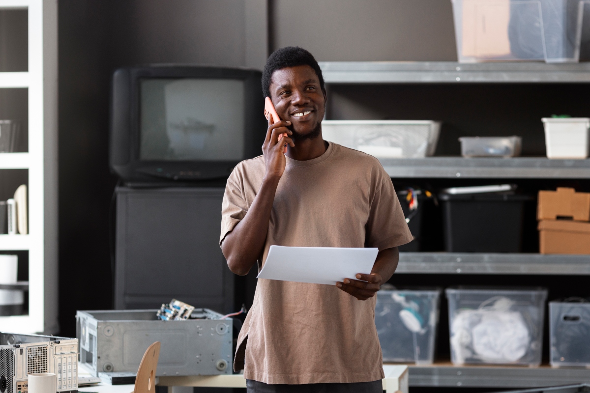 A computer repair shop owner talking on the phone and reviewing his finances.